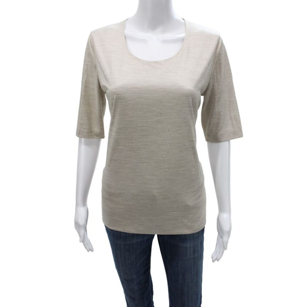 Akris Women Basic Mulberry Silk Scoop Neck 3/4 Sleeve Beige T-Shirt Size 12